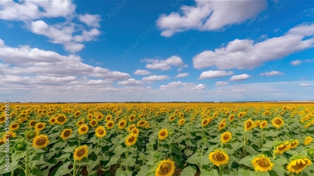 Panoramic field of sunflowers with blue sky on sunny day. Generative AI