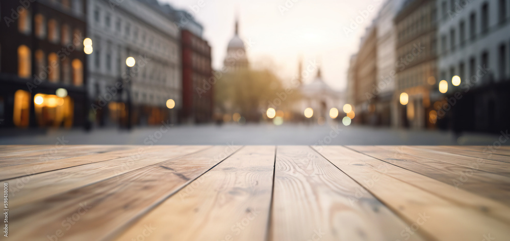 Wood table mockup with London city street in shallow depth of field. Copy space for product. Generat