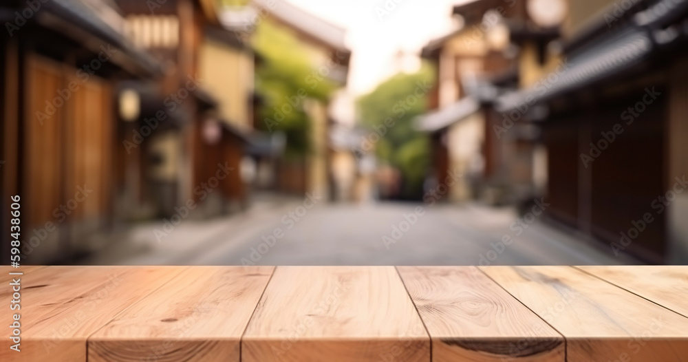 Wood table mockup with Kyoto city street in shallow depth of field. Copy space for product. Generati