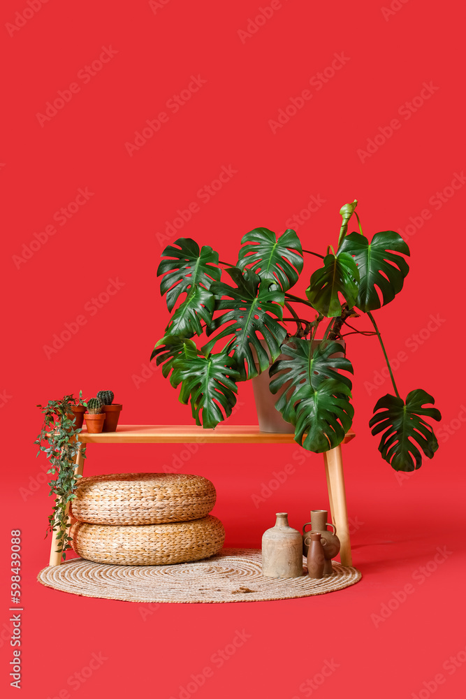 Table with houseplants, poufs and vases on red background