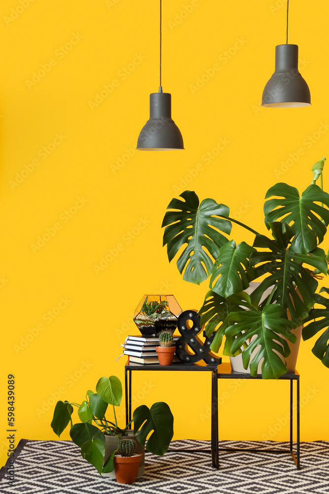 Tables with houseplants and books on yellow background