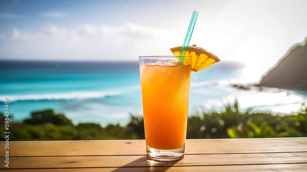 Bay Breeze cocktail on background with blue sea and sky tropical background. Generative AI