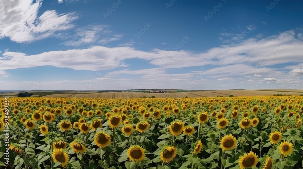 Panoramic field of sunflowers with blue sky on sunny day. Generative AI