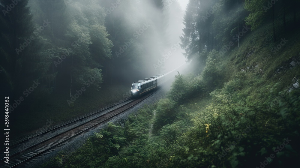 Speed passenger train moving in the mist mountains covered with forest. Generative AI