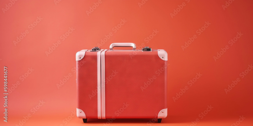 Red travel suitcase, on red background. Trip concept. Generative AI