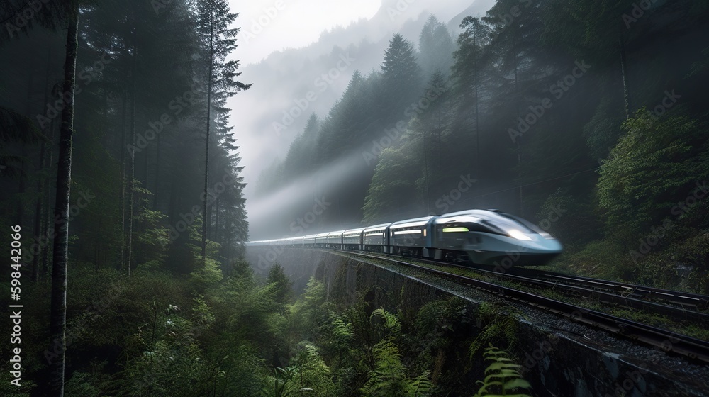 Speed passenger train moving in the mist mountains covered with forest. Generative AI