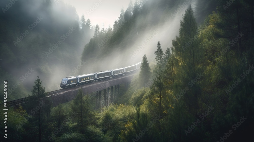 Speed passenger train moving in the mist mountains covered with forest. Generative AI