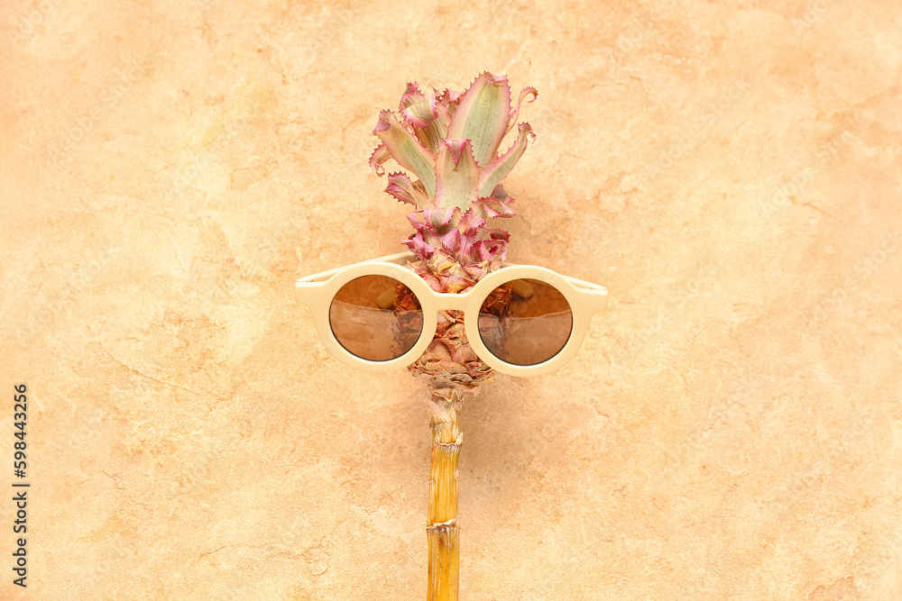 Decorative pineapple with sunglasses on color background