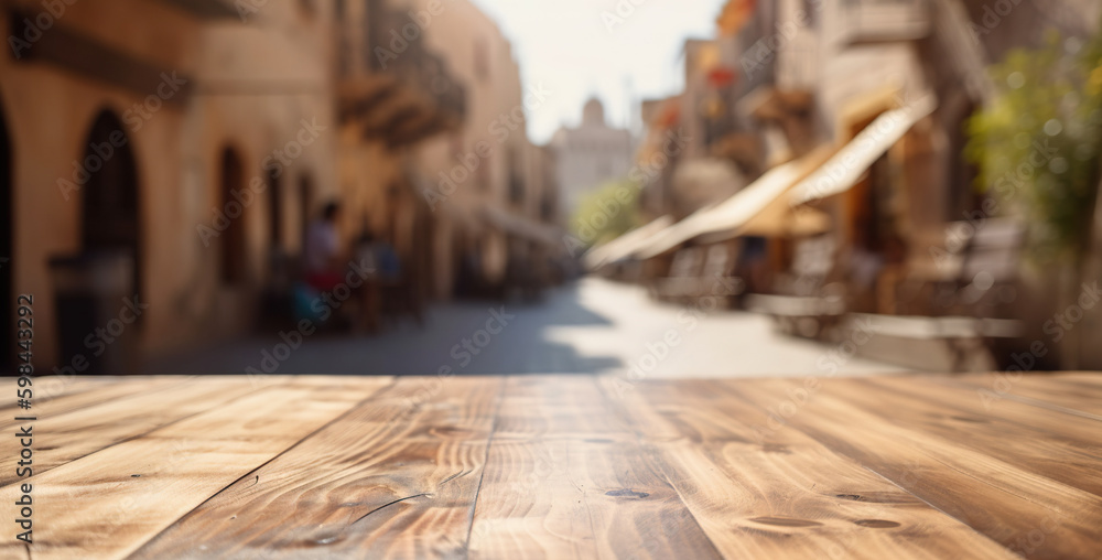 Wood table mockup with Medina city street in shallow depth of field. Copy space for product. Generat