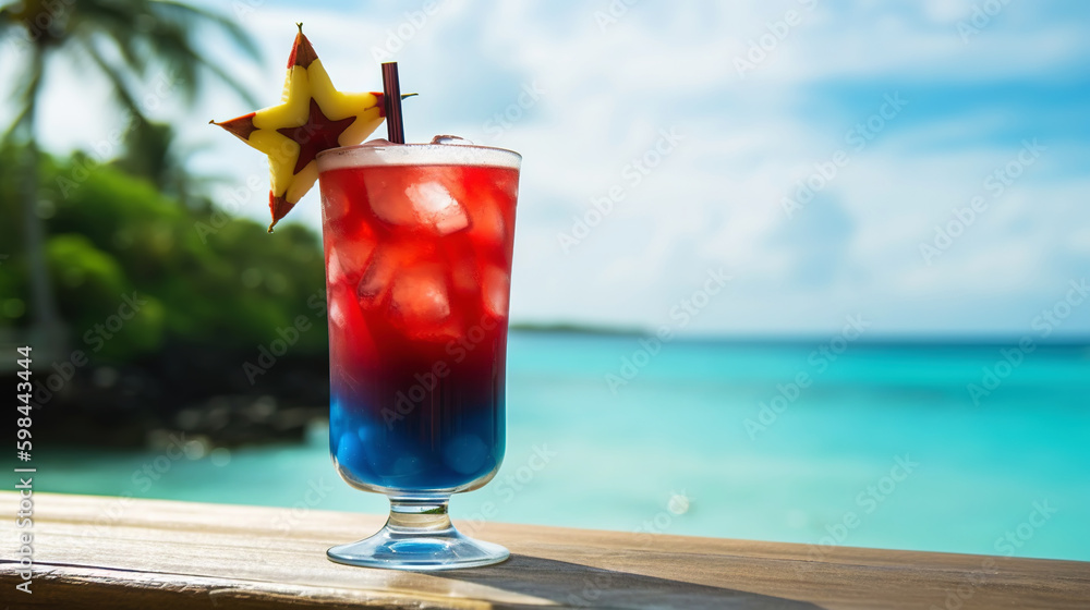 Captain America cocktail on background with blue sea and sky tropical background. Generative AI