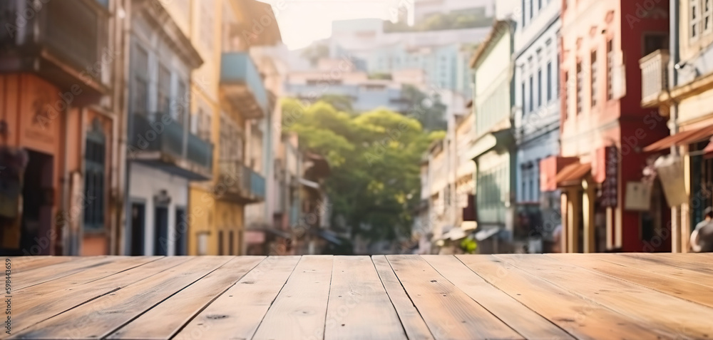 Wood table mockup with Macau city street in shallow depth of field. Copy space for product. Generati