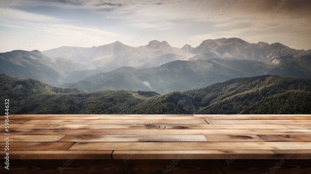 Wood table mockup with high mountains on background. Empty copy space for product presentation. Gene