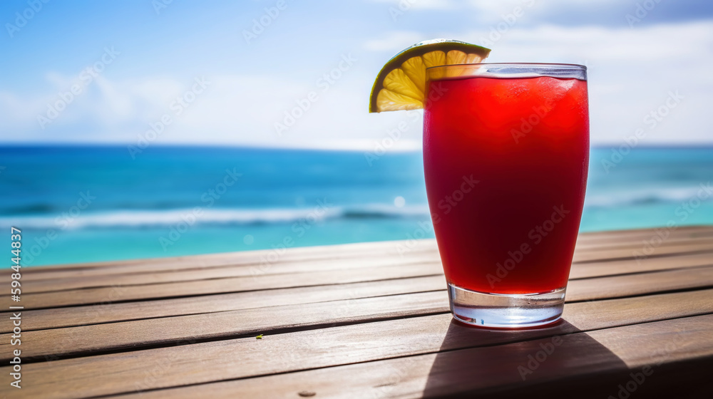 Lava flow cocktail on background with blue sea and sky tropical background. Generative AI