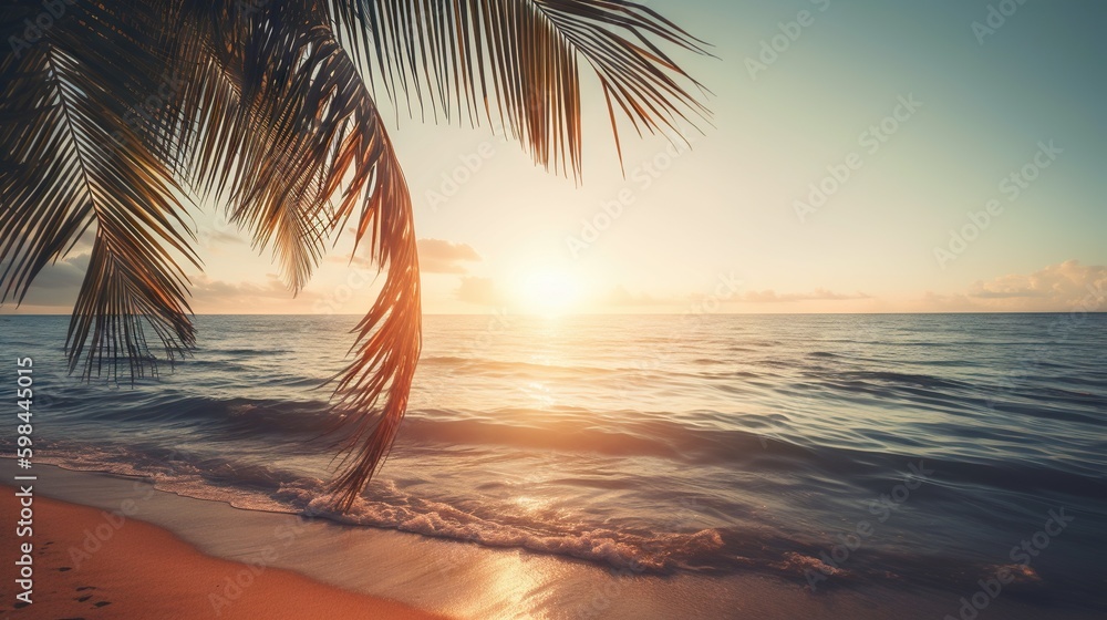 Tropical summer seascape with palm leaves, beach and paradise ocean on sunset. Generative AI