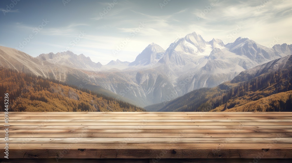 Wood table mockup with high mountains on background. Empty copy space for product presentation. Gene