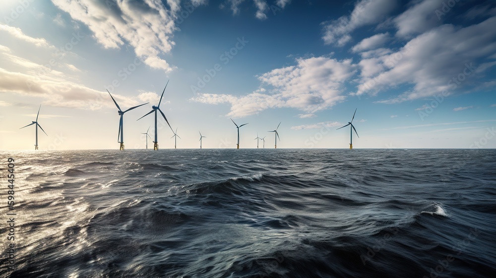 Offshore Windmill farm in the ocean, windmills isolated at sea on a sunny day. Generative AI