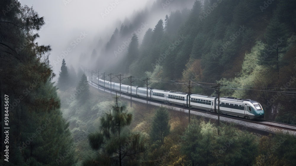 Speed passenger train moving in the mist mountains covered with forest. Generative AI