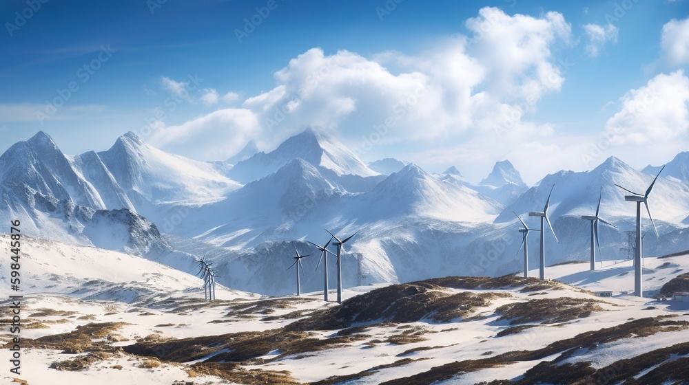 Power generating Windmills in Mountains. Green energy. Generative AI