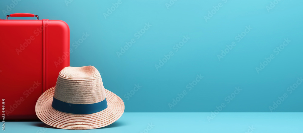 Red travel suitcase with straw hat, on blue background. Trip concept. Generative AI