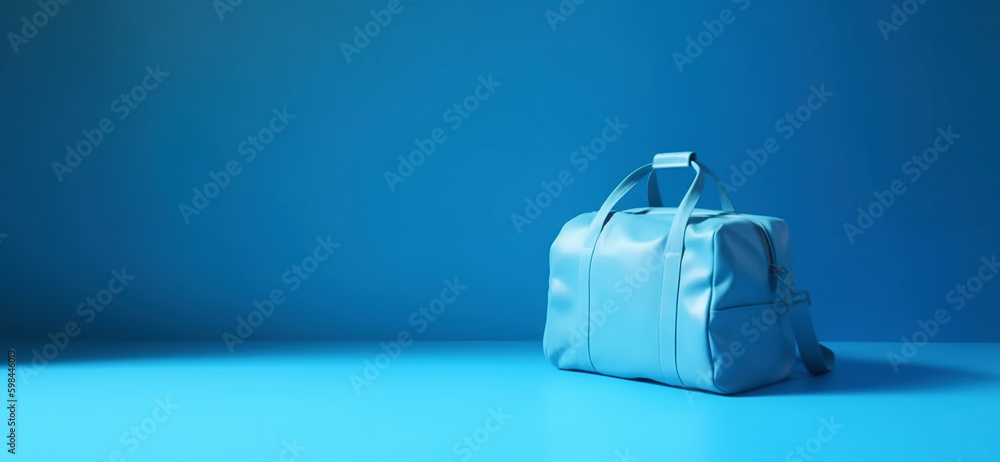 Blue travel suitcase, on blue background. Trip concept. Generative AI