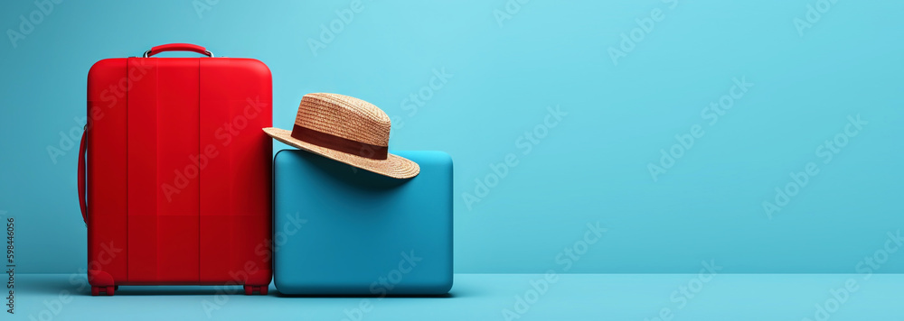 Red travel suitcase with straw hat, on blue background. Trip concept. Generative AI