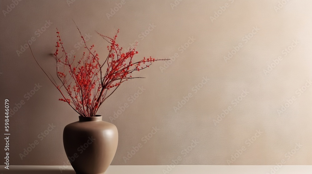 Vase with decorative plant branch against gray wall background. Minimalist interior mockup. Generati