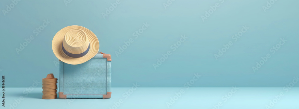 Blue travel suitcase with straw hat, on light blue background. Trip concept. Generative AI