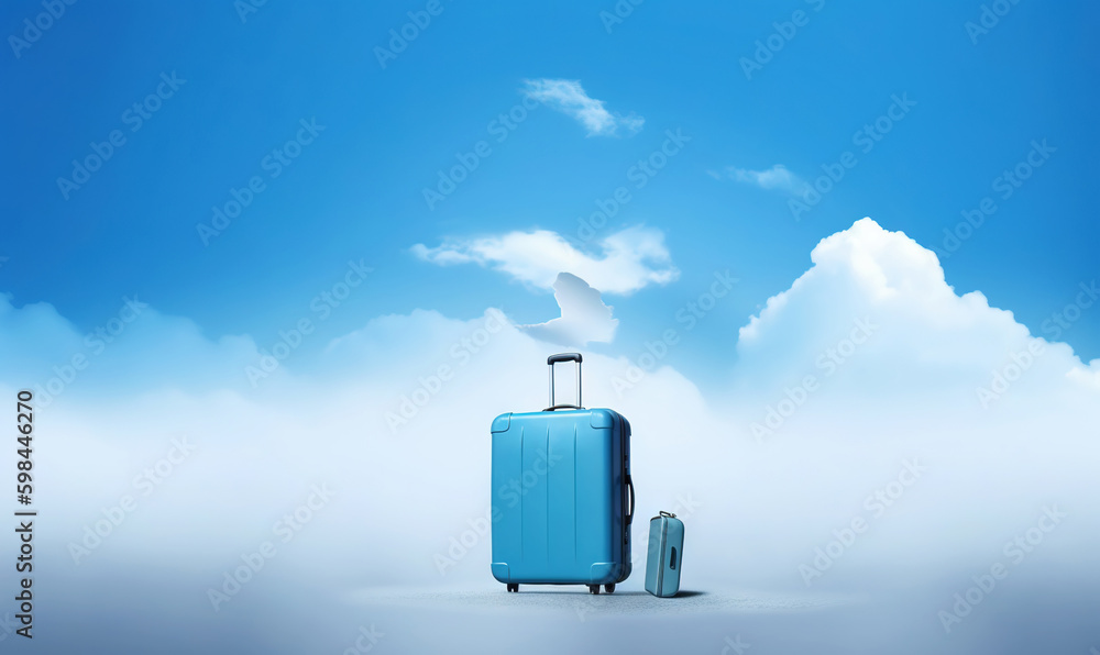 Blue travel suitcase with wheels, on blue background with clouds. Trip concept. Generative AI