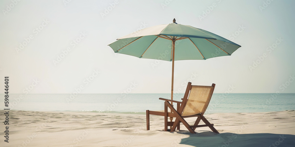 Beach chair and umbrella on beautiful beach. Travel paradise concept. Generative AI