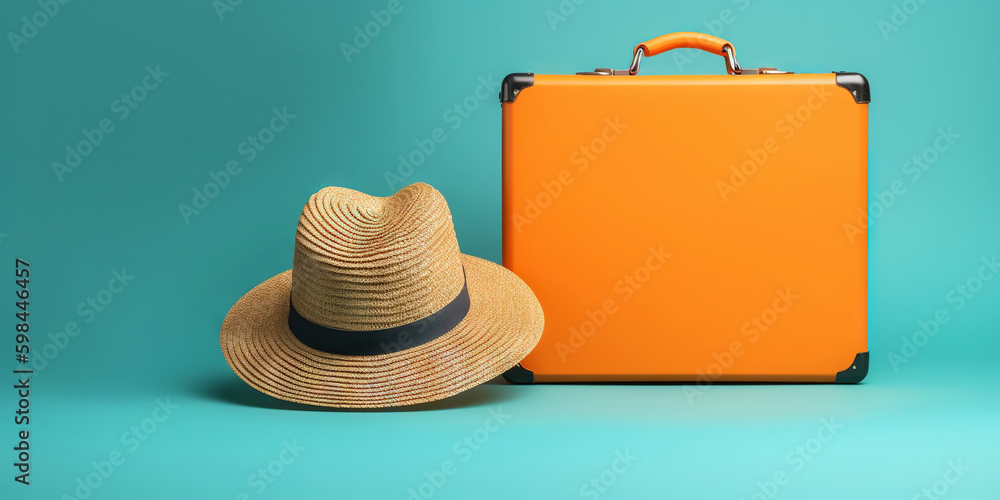 Orange travel suitcase with straw hat, on blue background. Trip concept. Generative AI