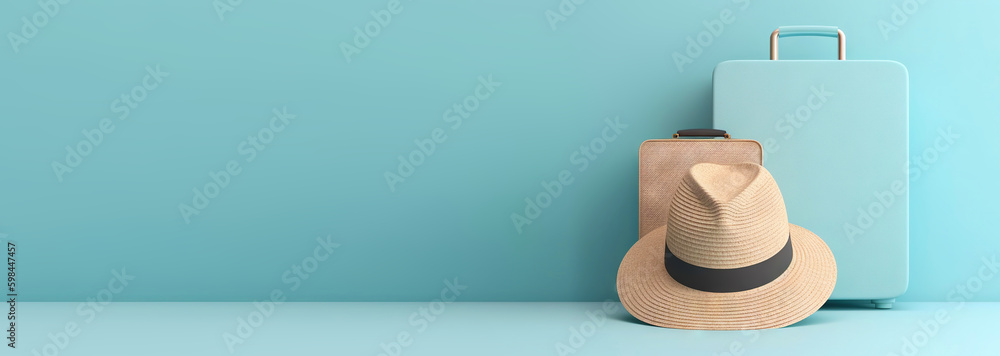 Blue travel suitcase with straw hat, on light blue background. Trip concept. Generative AI