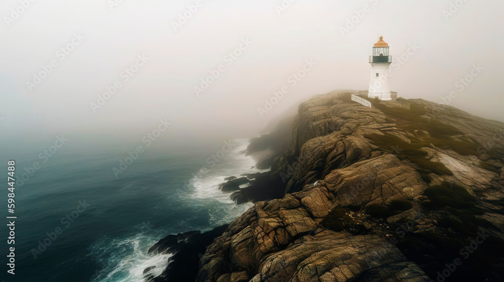 Lighthouse on a cliff edge in stormy and misty weather. Generative AI