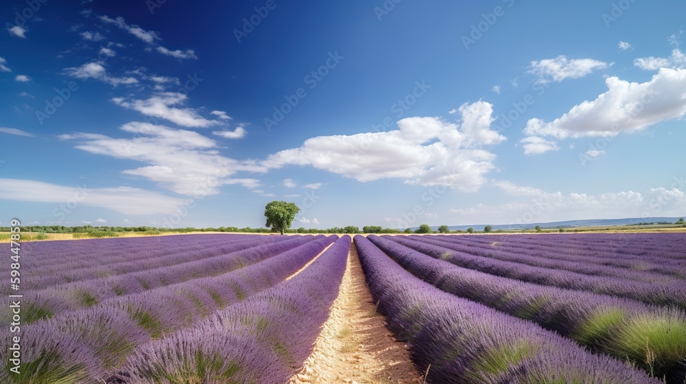 Stunning landscape with lavender field on sunny day. Generative AI