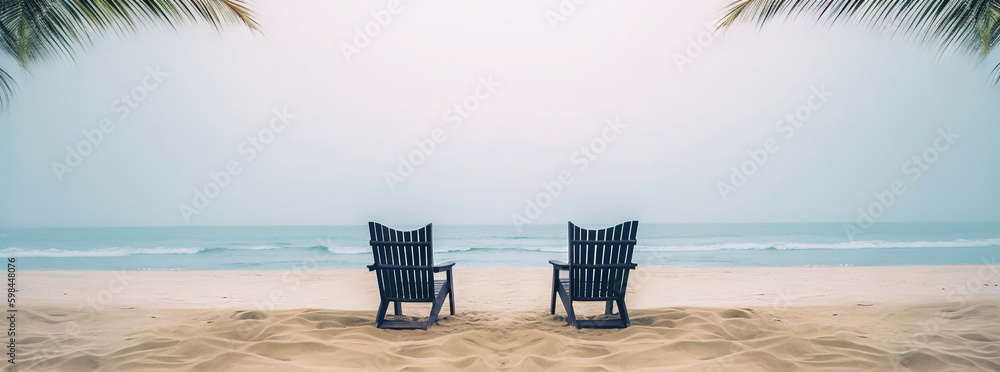 Two beach chair on beautiful tropical beach. Travel paradise concept. Generative AI