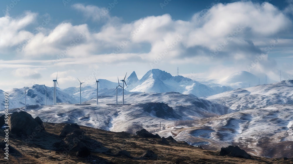 Power generating Windmills in Mountains. Green energy. Generative AI