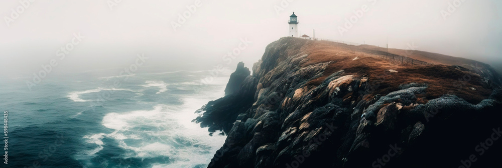 Lighthouse on a cliff edge in stormy and misty weather. Generative AI