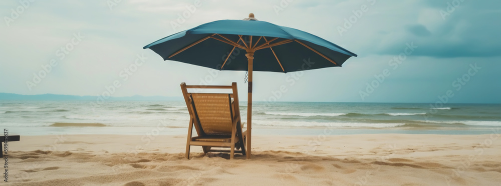 Beach chair and umbrella on beautiful beach. Travel paradise concept. Generative AI