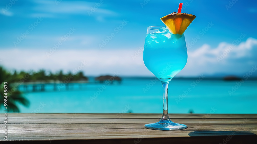 Blue Lagoon cocktail on background with blue sea and sky tropical background. Generative AI