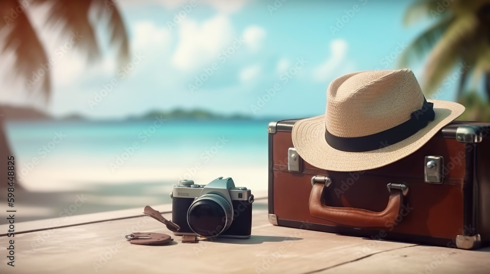 Suitcase, hat and accessories on the wooden floor with a sea background. Travel concept. Generative 