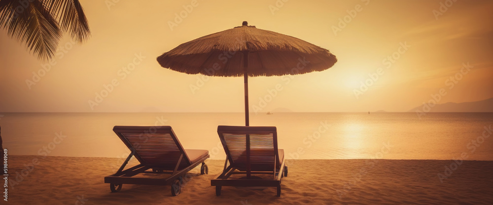 Two beach chair and umbrella on beautiful beach on sunset. Travel paradise concept. Generative AI