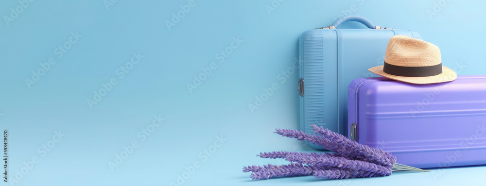 Lavender travel suitcase with hat and lavender flowers, on uniform background. Trip concept. Generat