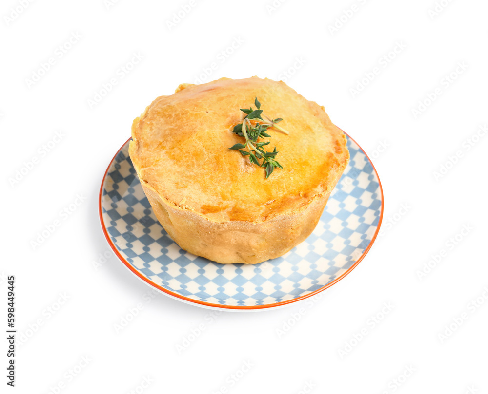 Plate with tasty meat pot pie on white background