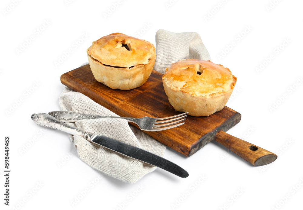 Wooden board with tasty meat pot pies on white background