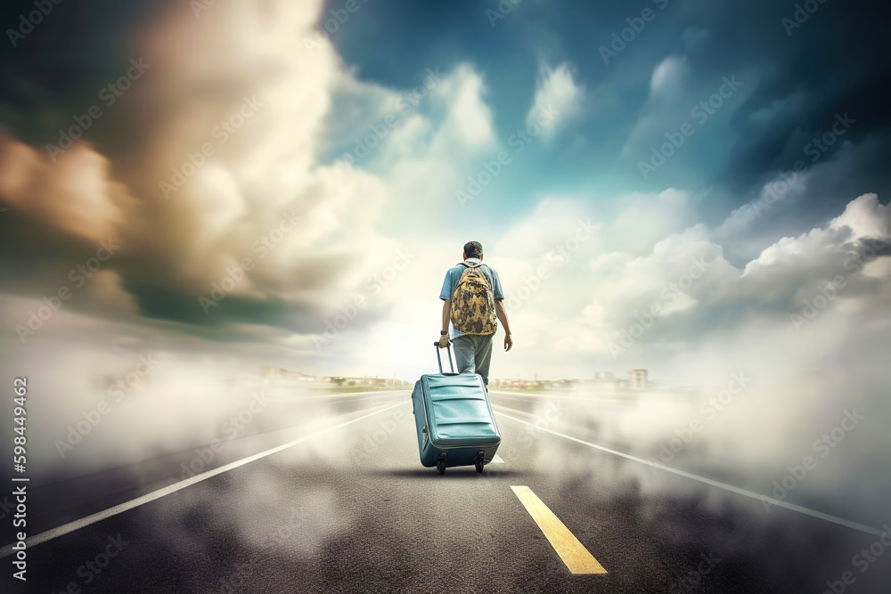 Passenger walking with suitcase on airfield runway. Trip, travel concept. Generative AI