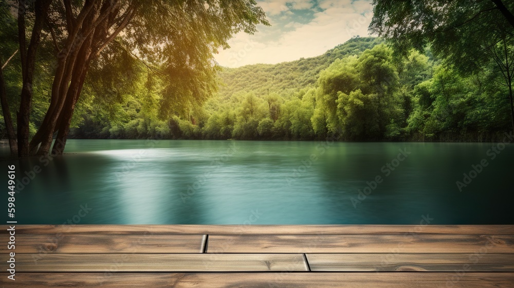 Wood table mockup with river in forest on background. Empty copy space for product presentation. Gen