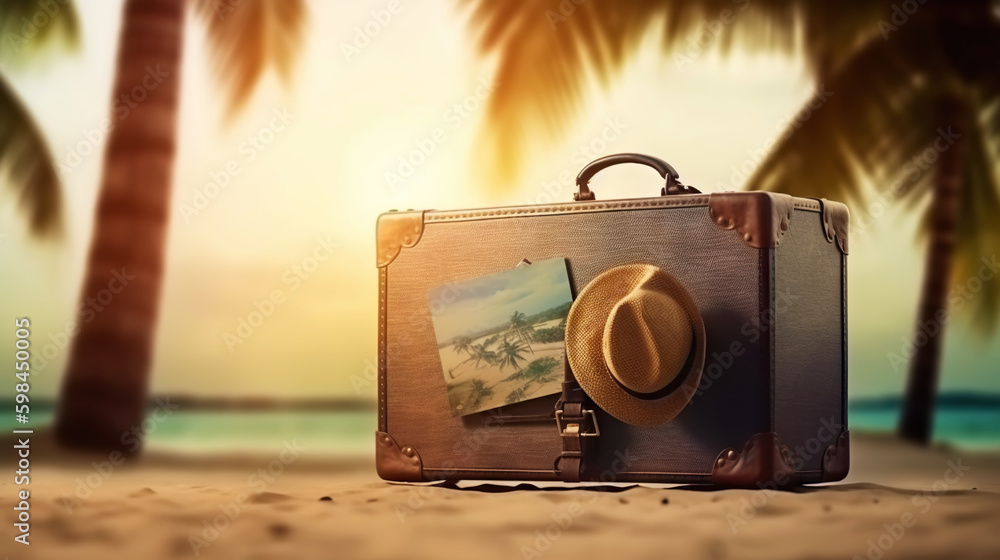 Suitcase with accessories on the sand with a sea background. Travel concept. Generative AI