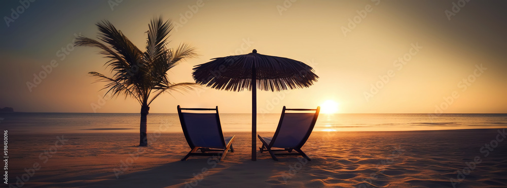 Two beach chair and umbrella on beautiful beach on sunset. Travel paradise concept. Generative AI