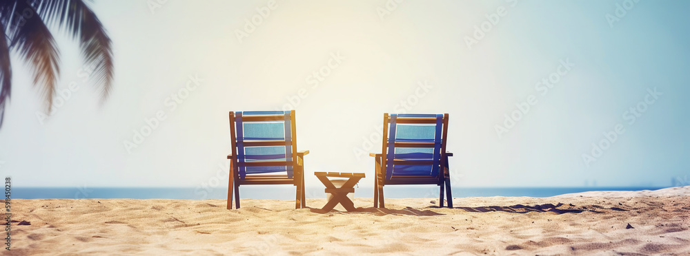 Two beach chair on beautiful tropical beach. Travel paradise concept. Generative AI