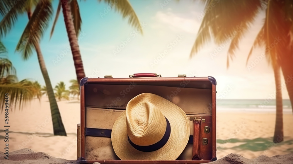 Suitcase with accessories on the sand with a sea background. Travel concept. Generative AI