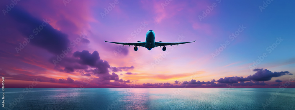 Passengers commercial airplane flying above sea surface on colorful paradise sunset. Airliner in fli